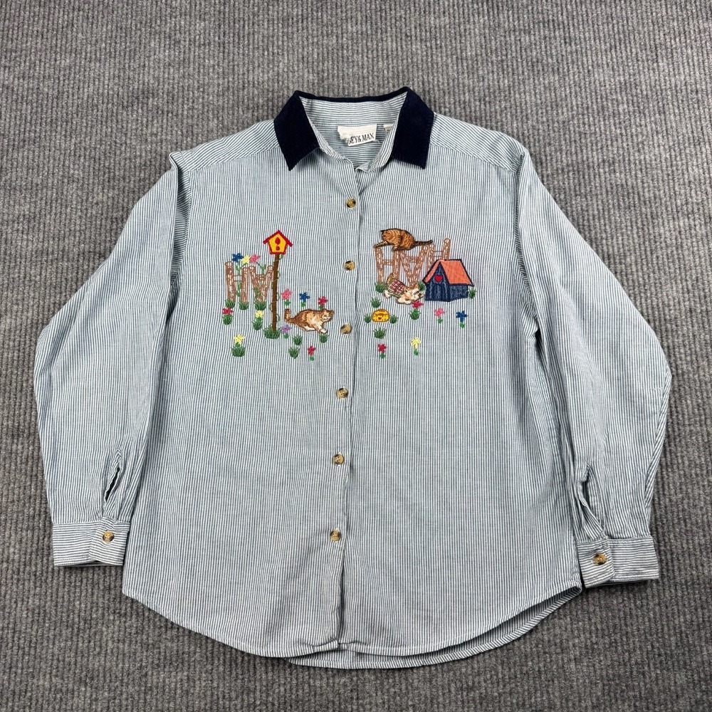 Vtg 90s CASEY & MAX Button Up Shirt Womens M Embroidered Cat Novelty Teacher
